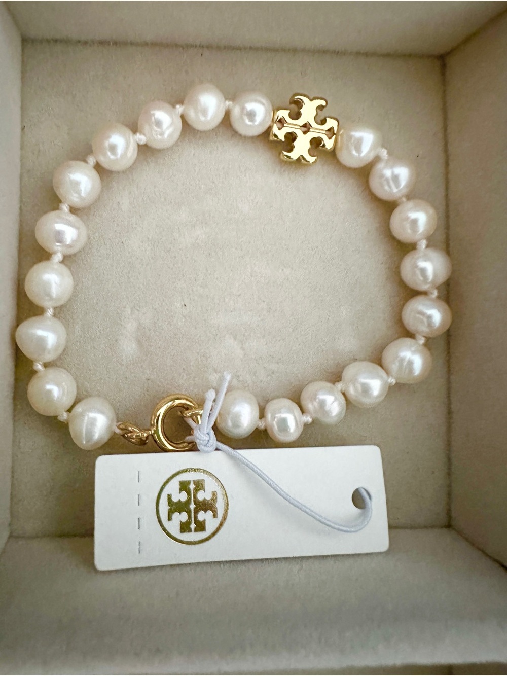 Tory Burch Ivory Pearl Bracelet with Gold Logo Charm